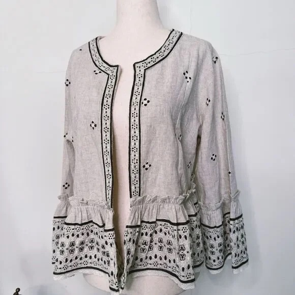 Anthropologie Pilcro Beaded Embroidered Peplum Cardigan Kimono Cream Black - Picture 1 of 5
